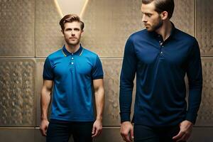 två män bär blå polo shirts stående Nästa till varje Övrig. ai-genererad foto