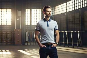 en man i en polo skjorta och jeans stående i ett industriell byggnad. ai-genererad foto