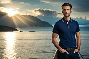 en man i en blå polo skjorta stående på en båt. ai-genererad foto