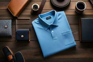 en blå polo skjorta, plånbok, och Övrig objekt på en trä- tabell. ai-genererad foto