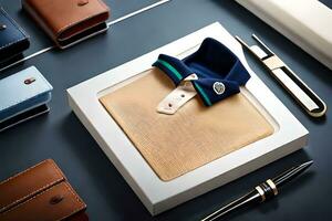 en läder plånbok, penna, och Övrig objekt på en tabell. ai-genererad foto