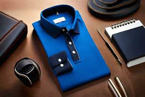 en blå skjorta, en Kolla på, en penna och en plånbok. ai-genererad foto