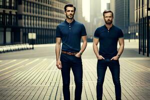 två män i blå polo shirts stående på en stad gata. ai-genererad foto