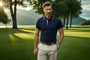 en man i en polo skjorta stående på en golf kurs. ai-genererad foto