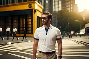 en man i en vit polo skjorta och solglasögon stående på en stad gata. ai-genererad foto