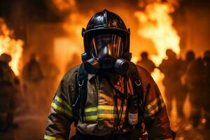 brandman använder sig av vatten och eldsläckare till stridande med brand flamma i ett nödsituation, generativ ai foto