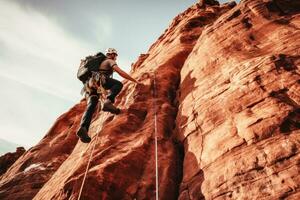 en manlig klättrare klättrar en berg på hög höjd över havet . ai generativ foto