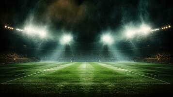en bild av grön fotboll fält ljus spotlights natt se generativ ai foto