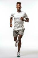 afrikansk manlig joggning Lycklig och energisk generation i vit bakgrund. generativ ai foto