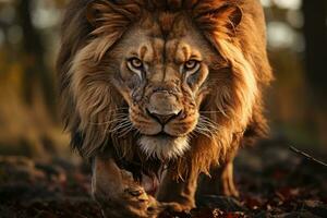 en närbild skott av en lejon slående ansikte, dess fokuserade ögon, dokumentär Foto. generativ ai foto
