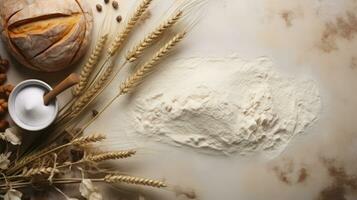 layout för bröd mjöl Ingredienser mat fotografi textur baner detaljerad. generativ ai foto