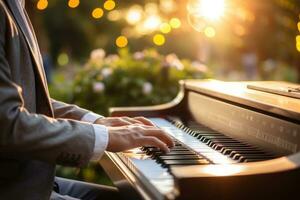 Foto av manlig händer av en person spelar de piano bokeh lampor i de bakgrund. generativ ai