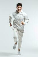 Asien manlig joggning Lycklig och energisk generation i vit bakgrund. generativ ai foto