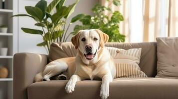 modern levande rum interiör. söt gyllene labrador retriever på soffa. generativ ai foto