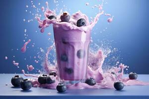 blåbär smoothie frappe effekt virvlande Vinka blåbär mjölk stänk runt om glas. generativ ai foto