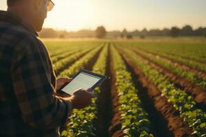 närbild porträtt agronom granskning beskära hälsa använder sig av en läsplatta i en solbelyst fält. generativ ai foto