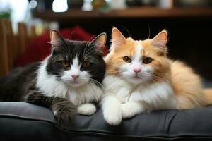 svart och vit katt på soffa tillsammans orange katt fett. generativ ai foto