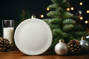 Foto av platt tom attrapp dekorativ på de jul träd. generativ ai