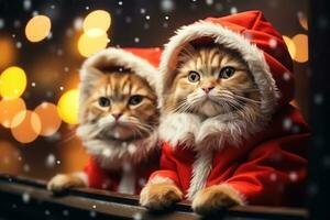 söt katt i en santa claus kostym jul suddig bokeh lampor. generativ ai foto