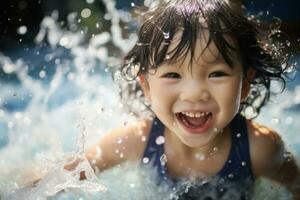 porträtt ansikte unge njut av vatten parkera, vatten stänk. generativ ai foto