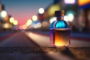 parfym flaska mot de bakgrund av natt stad lampor. neuralt nätverk genererad konst foto
