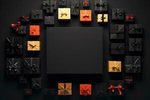 svart fredag baner med gåva lådor i topp se. generativ ai foto