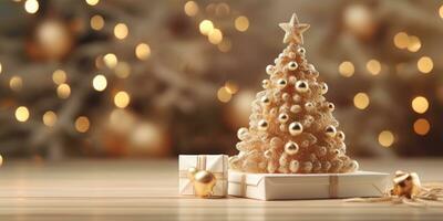 gåva låda med mini jul träd stänga upp, tömma Plats. generativ ai foto