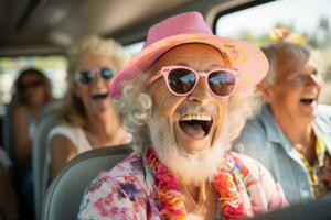 seniors njuter vård resa utflykt med människor har roligt på styrelse av en bekväm buss. generativ ai foto