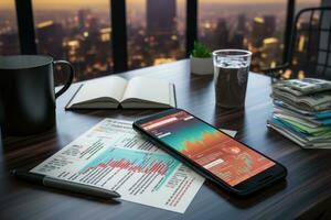 smartphone är placerad platt på de tabell med Nyheter ord på Det, och en finansiell Diagram. generativ ai foto
