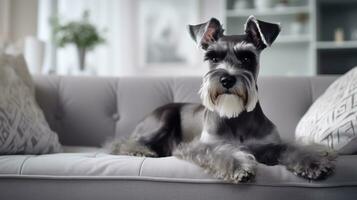 modern levande rum interiör. söt schnauzer på soffa. generativ ai foto