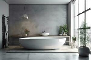 modern interiör design - badrum i grå och trä- efterbehandling. neuralt nätverk ai genererad foto