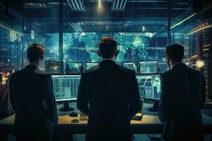 bak- se av tre affärsmän ser på monitorer i mörk kontor interiör, trogen Cybersäkerhet arbetsyta och en team av säkerhet yrkesverksamma arbetssätt tillsammans, bak- se, ai genererad foto