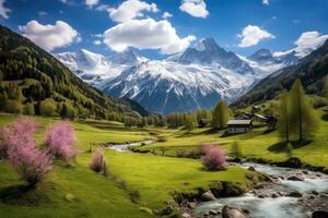 skön panorama- se av de bergen i schweiz under vår, idyllisk berg landskap i de alps med blomning ängar i våren, ai genererad foto