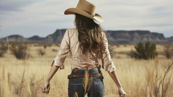 Land charm. fängslande cowgirl Utsmyckad i Västra ha på sig bär cowboy hatt. generativ ai foto