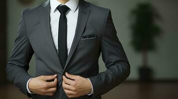 de modern man i en klassisk kostym och slips. generativ ai foto