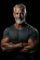 självsäker äldre person med muskulös kropp kondition . ai genererad foto