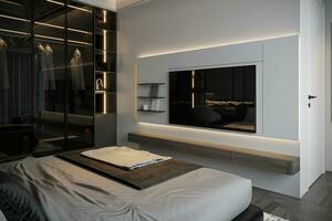 svart glas glida garderob vit vägg berg med TV i en smart sovrum, 3d tolkning foto