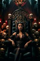 en provokativ vampyr kvinna Sammanträde på en tron tillverkad av skallar. halloween begrepp. generativ ai foto