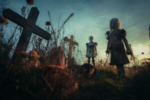 kostym barn vandrande en kyrkogård förvaring en se upp för spöken som de Sol uppsättningar på halloween natt. generativ ai foto