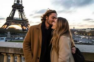 Lycklig leende par reser i Frankrike tar selfie i paris. neuralt nätverk ai genererad foto