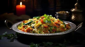 indisk mat kallad vegetabiliska biryani på ett utsmyckad keramisk tallrik i ett rik indisk restaurang. ai generativ foto