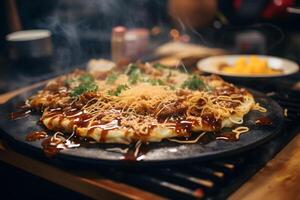 okonomiyaki i varm griddle i tillfällig teppanyaki äta ai generativ foto