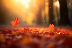 röd löv faller i skog, solljusfiltrerad höst bakgrund ai generativ bild foto