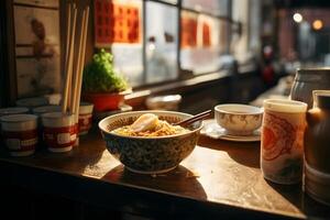 japansk mat - Ramen i traditionell keramisk skål i Ramen affär kök ai generativ foto