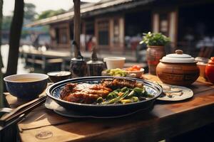 japansk mat - unagi i traditionell lackvaror i historisk flodstrand matställe ai generativ foto