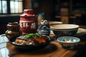 japansk mat - unagi i traditionell lackvaror i historisk flodstrand matställe ai generativ foto