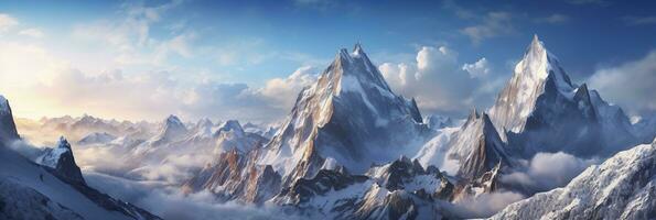 de skönhet av en majestätisk och snö capped berg räckvidd, med oländig toppar, ai generativ foto