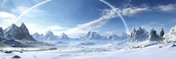 omfattande öde snö landa, stor bergen i de bakgrund, snöfall med ljus blå himmel och ljus blå färger, fredlig atmosfär, ai generativ foto