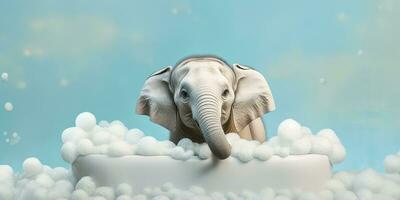 minimalistisk albino elefant i en badkar av tvål bubblor mot en cyan bakgrund. ai generativ foto