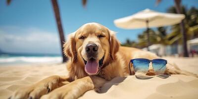 gyllene retriever hund är på sommar semester på havet tillflykt och avkopplande resten på sommar strand av hawaii. ai generativ foto